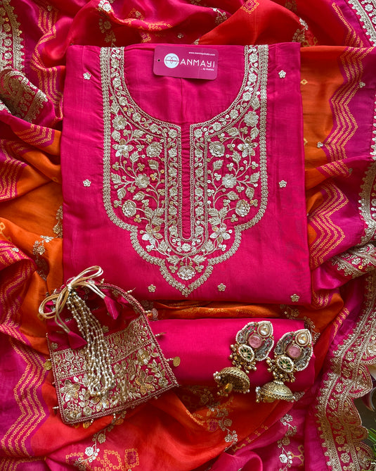 Dori work Russian silk suit set with Bandhani print dupatta and potli