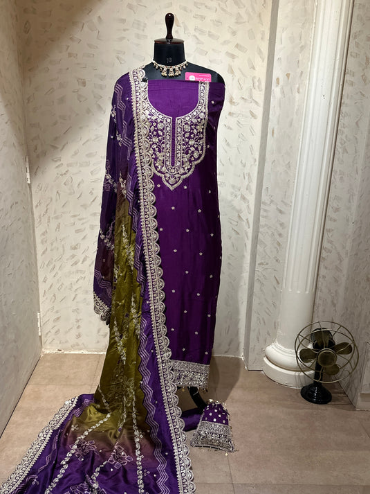 Dori work Russian silk suit set with Bandhani print dupatta and potli
