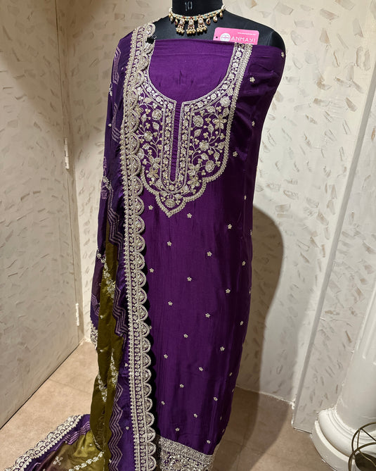 Dori work Russian silk suit set with Bandhani print dupatta and potli