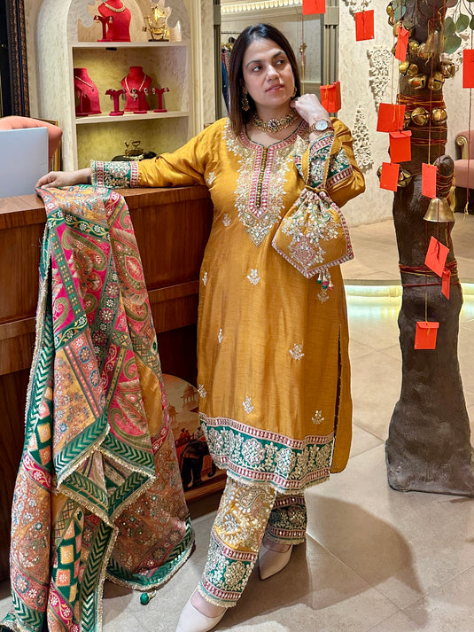 Mustard Pakistani fine hand embroidered Dori work with banarasi coloured dupatta