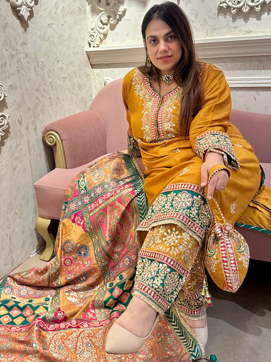 Mustard Pakistani fine hand embroidered Dori work with banarasi coloured dupatta