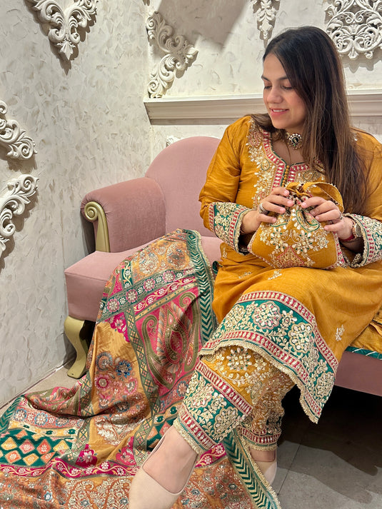 Mustard Pakistani fine hand embroidered Dori work with banarasi coloured dupatta