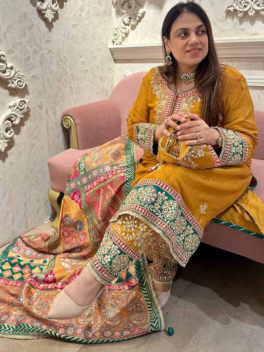 Mustard Pakistani fine hand embroidered Dori work with banarasi coloured dupatta