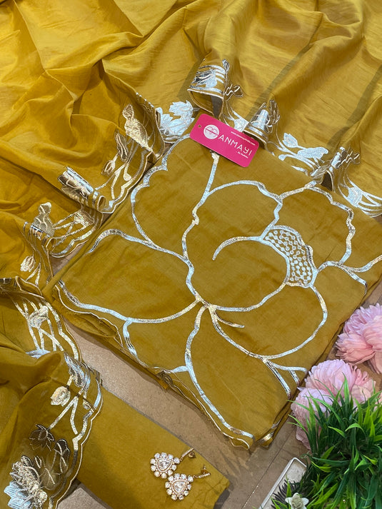 Leather work mul chanderi festive shade suit set