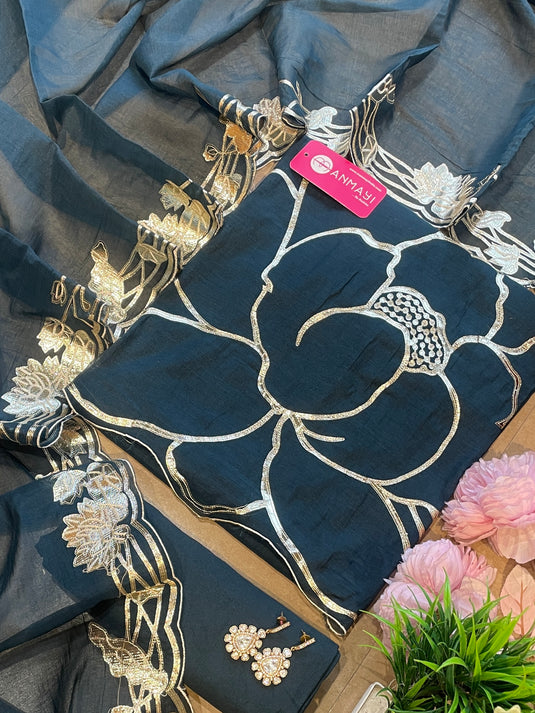 Leather work mul chanderi festive shade suit set