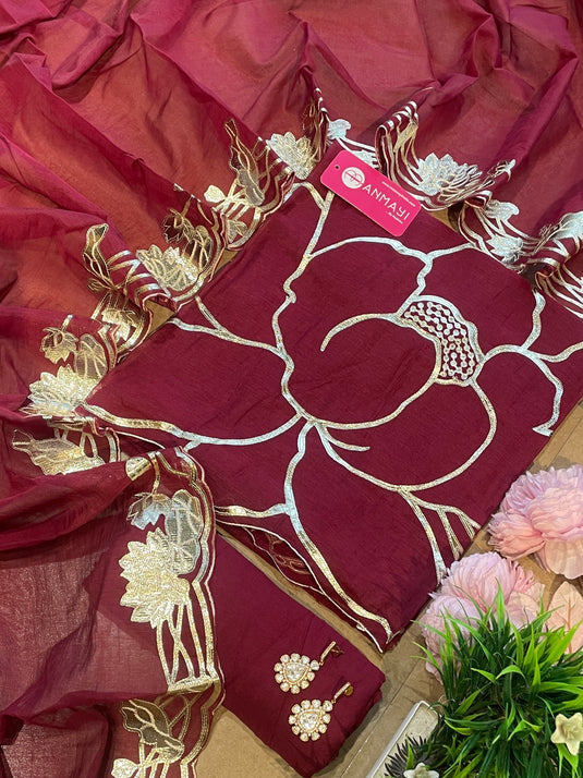 Leather work mul chanderi festive shade suit set