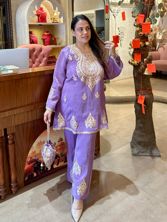 Pita work organza shimmer coord set with fringe lace details and potli