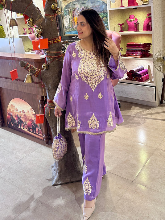 Pita work organza shimmer coord set with fringe lace details and potli