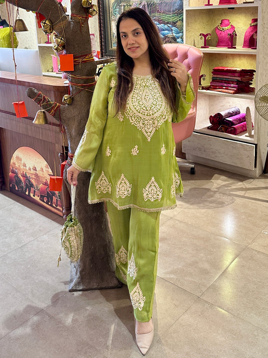 Pita work organza shimmer coord set with fringe lace details and potli