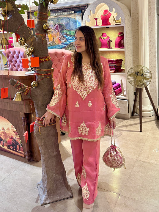 Pita work organza shimmer coord set with fringe lace details and potli