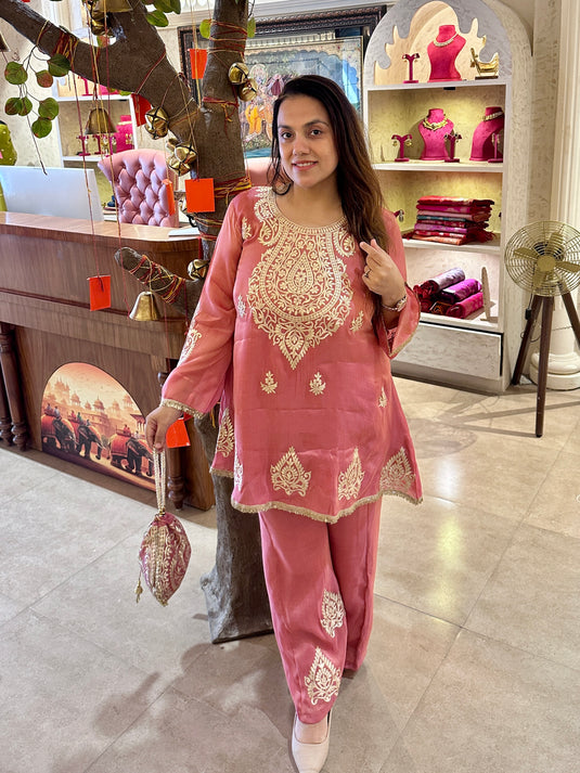 Pita work organza shimmer coord set with fringe lace details and potli