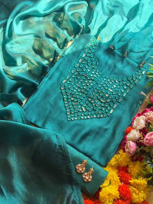 Raw silk mirror Kantha work suit set