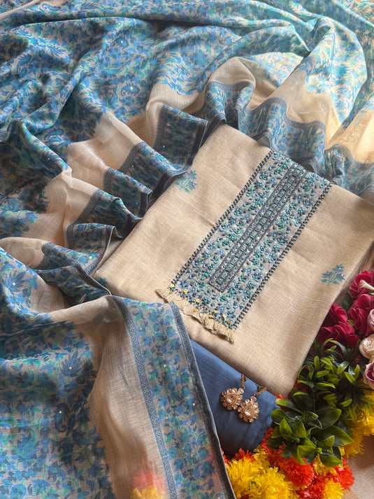 Beige indigo Jamdani flower cotton silk suit set