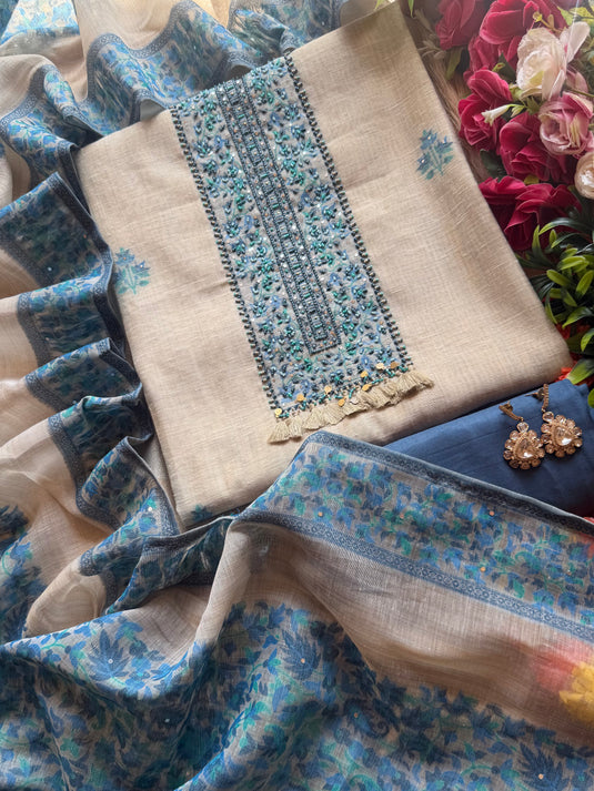 Beige indigo Jamdani flower cotton silk suit set