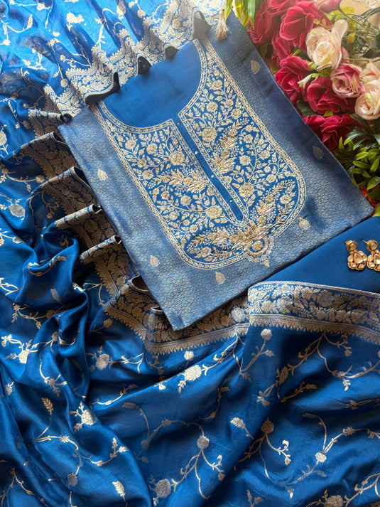 Brocade silk zardozi Anarkali neck suit set