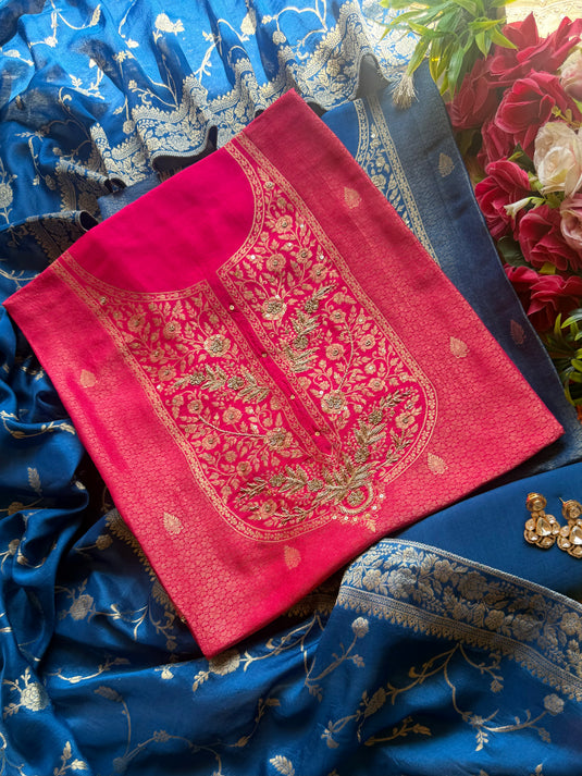 Brocade silk zardozi Anarkali neck suit set