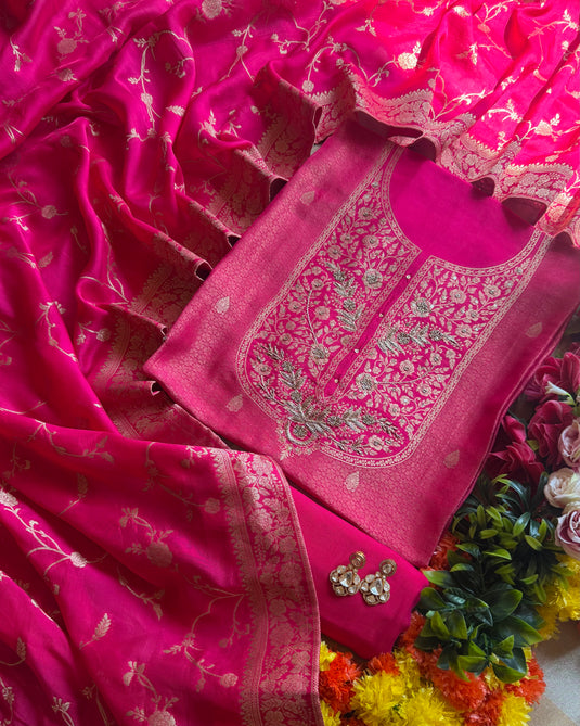 Brocade silk zardozi Anarkali neck suit set