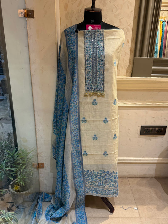 Beige indigo Jamdani flower cotton silk suit set
