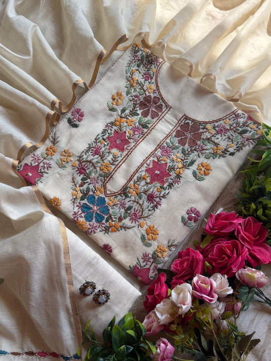 Handpaint Kantha work Chanderi silk suit set