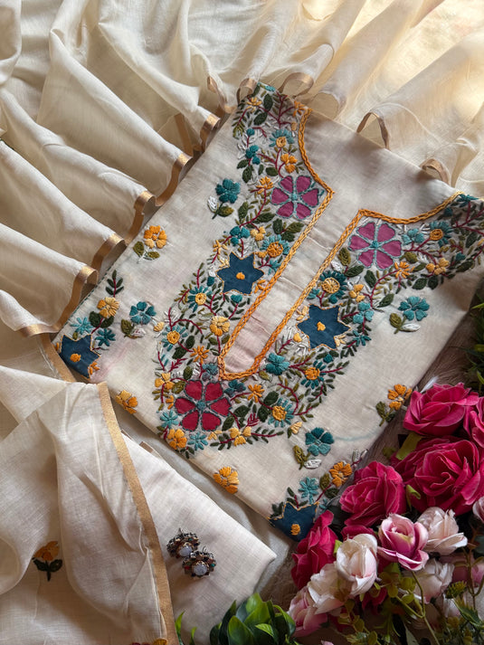Handpaint Kantha work Chanderi silk suit set