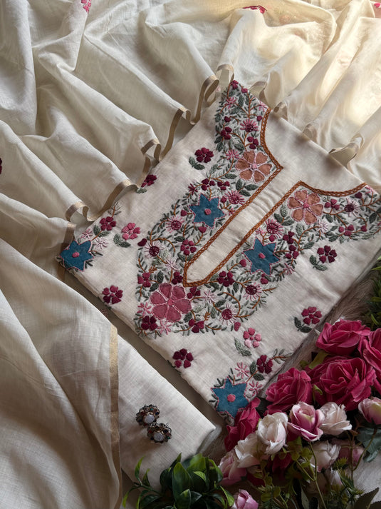 Handpaint Kantha work Chanderi silk suit set