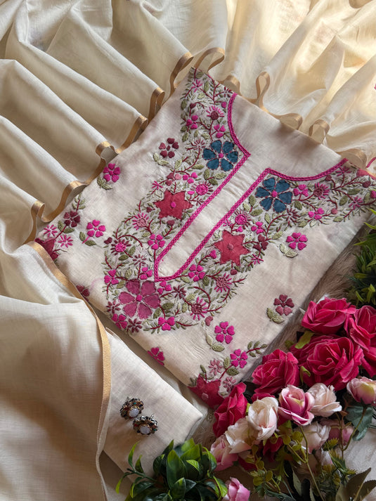 Handpaint Kantha work Chanderi silk suit set