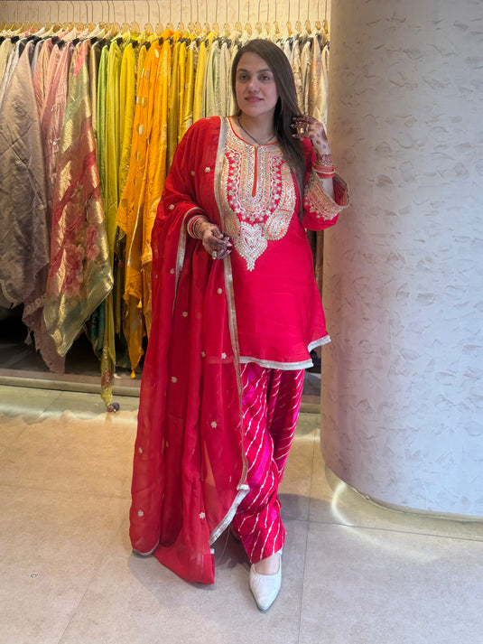 Satin Organza red ready to style suit with lehria satin farshi and organza dupatta