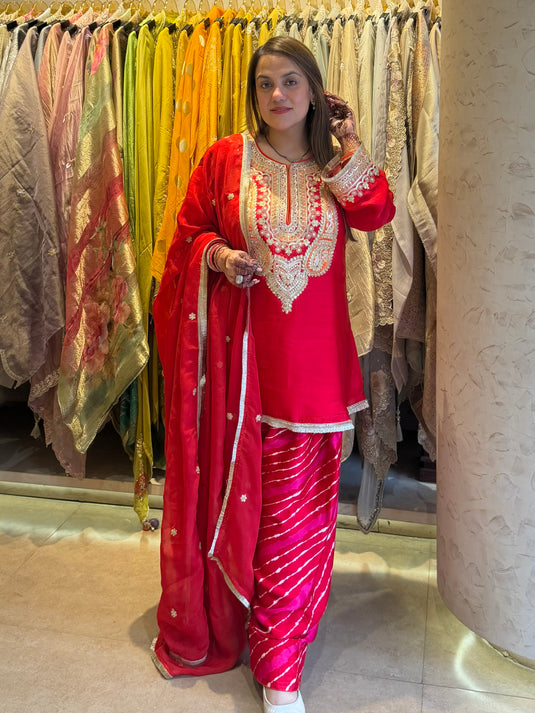 Satin Organza red ready to style suit with lehria satin farshi and organza dupatta