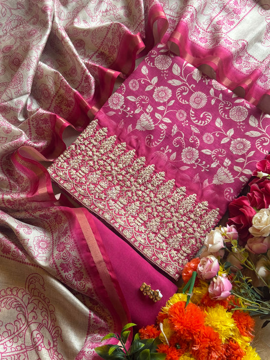 Tussar silk Arabic print Dori work suit set