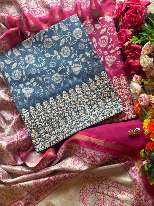 Tussar silk Arabic print Dori work suit set