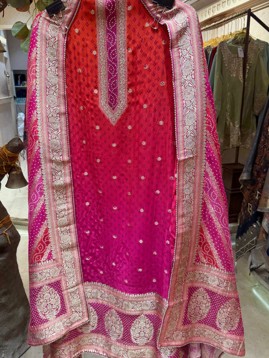 Shaded orange hot pink Khaddi Georgette suit set