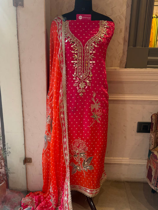 Soft satin crepe bandhani ombré suit set