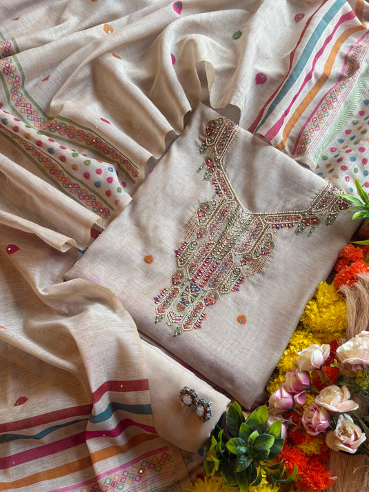 Beads work coloured weave jamdani suit set