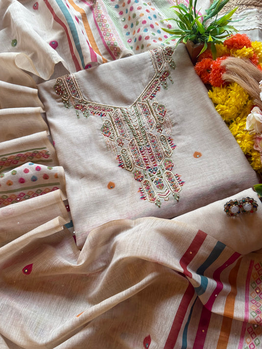 Beads work coloured weave jamdani suit set