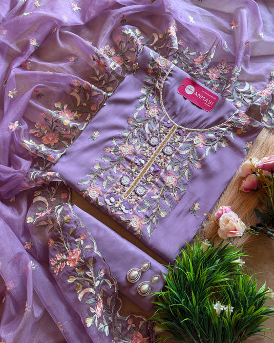 Modal muslin parsi machine work suit set with organza dupatta