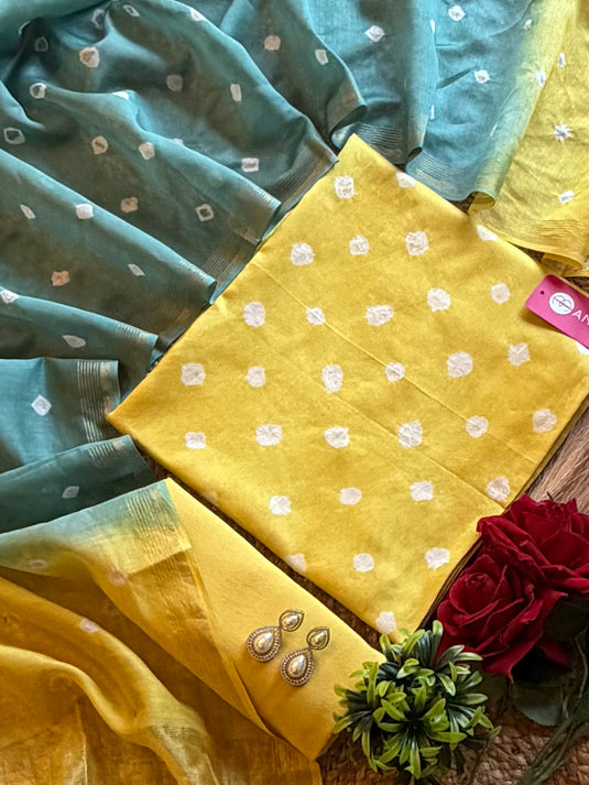 Pure Mul cotton Bandhani suit set with double shade dupatta