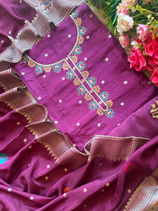 Raw silk mulberry brocade border suit set