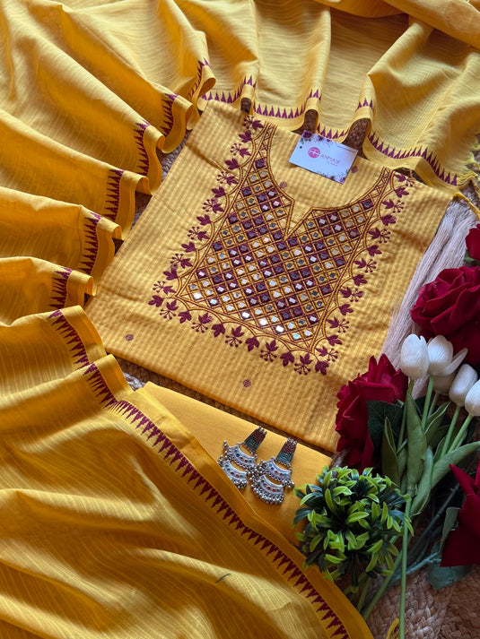 Soft Handloom cotton suit set with mirror neck