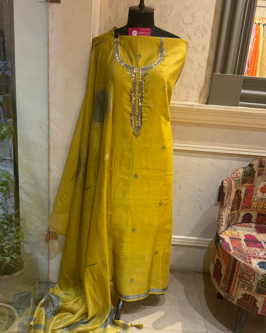 Jamdani weave mustard grey tassel neck suit set