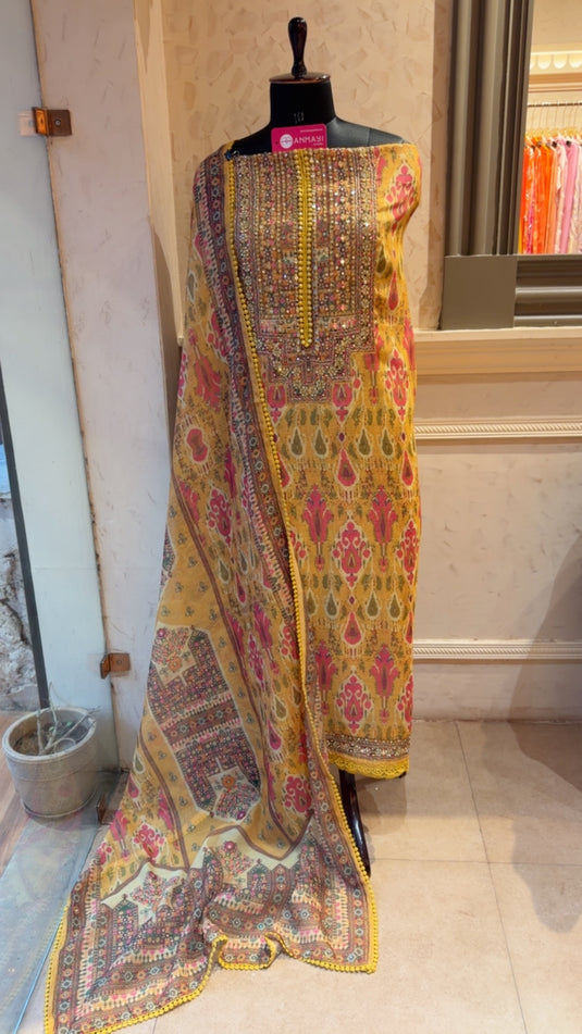 Patola print boho neck Chanderi suit set