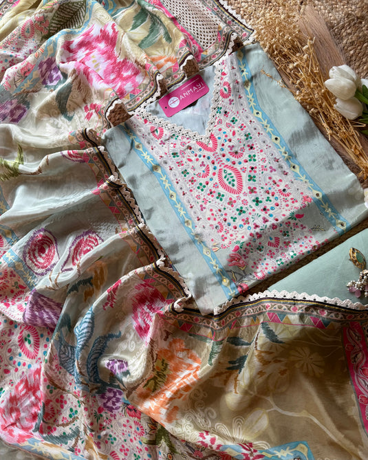 Persian print sage green suit set with crochet details and highlights