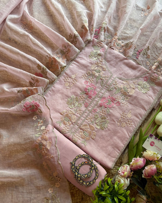 Mul Chanderi pastel hakooba impression embroidered suit set