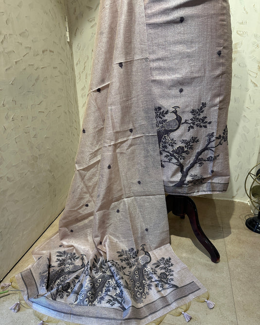 Peacock motifs Jamdani silk suit set