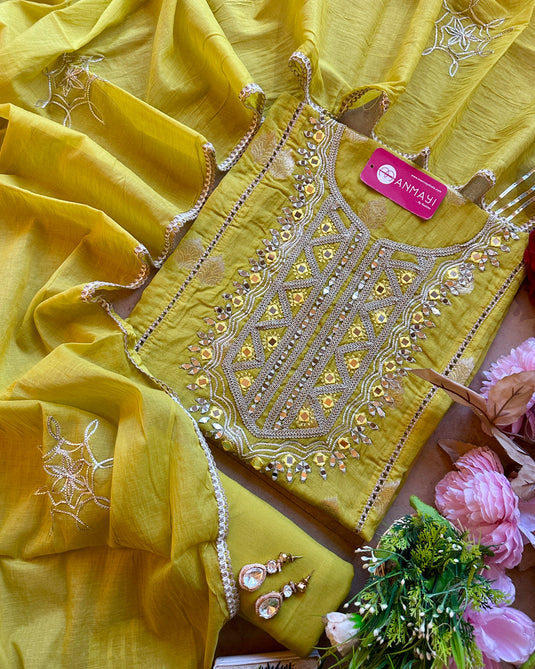 Mirror detailed dori neck mul chanderi banarasi suit set