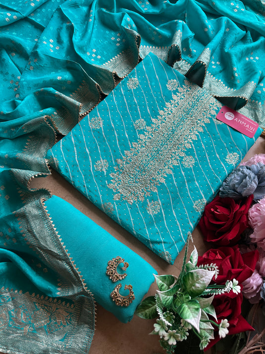 Dolla silk lehria banarasi suit set with Mukaish work highlights