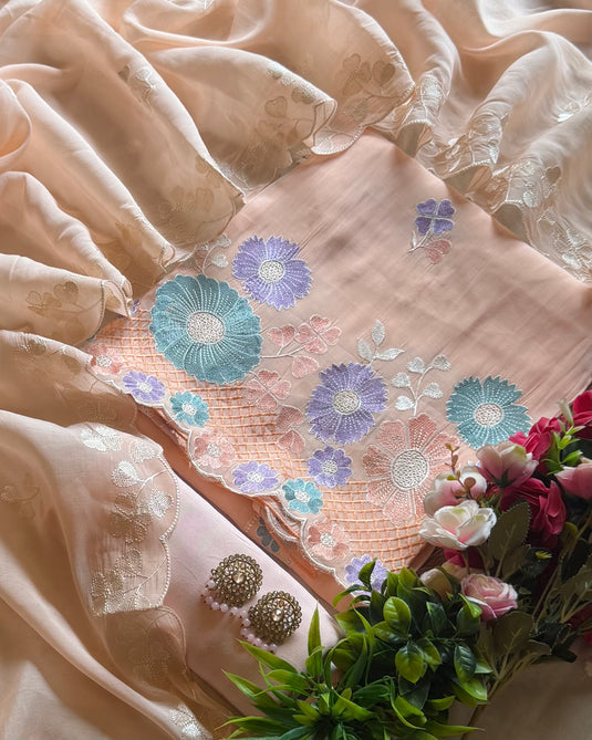 Monsoon pastel flower motifs soft mul chanderi suit set