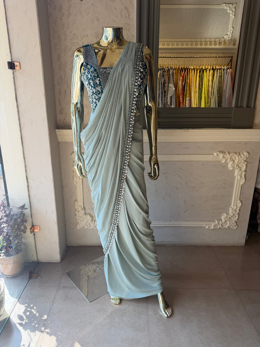 Kridha sage green drape saree with embellished ready to wear blouse