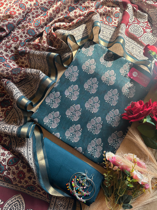 Dabbu print fine Maheshwari cotton silk suit set with cotton bottom