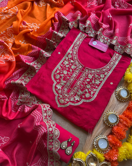 Upada silk dori temple neck suit with combination bandhani dupatta