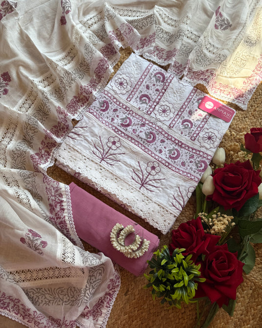 Cotton Chikankari work cream suit with combination bottom